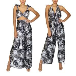 Baliawear Black White Palm Print Satin Wrap Maxi Skirt | Resortwear MADE IN USA